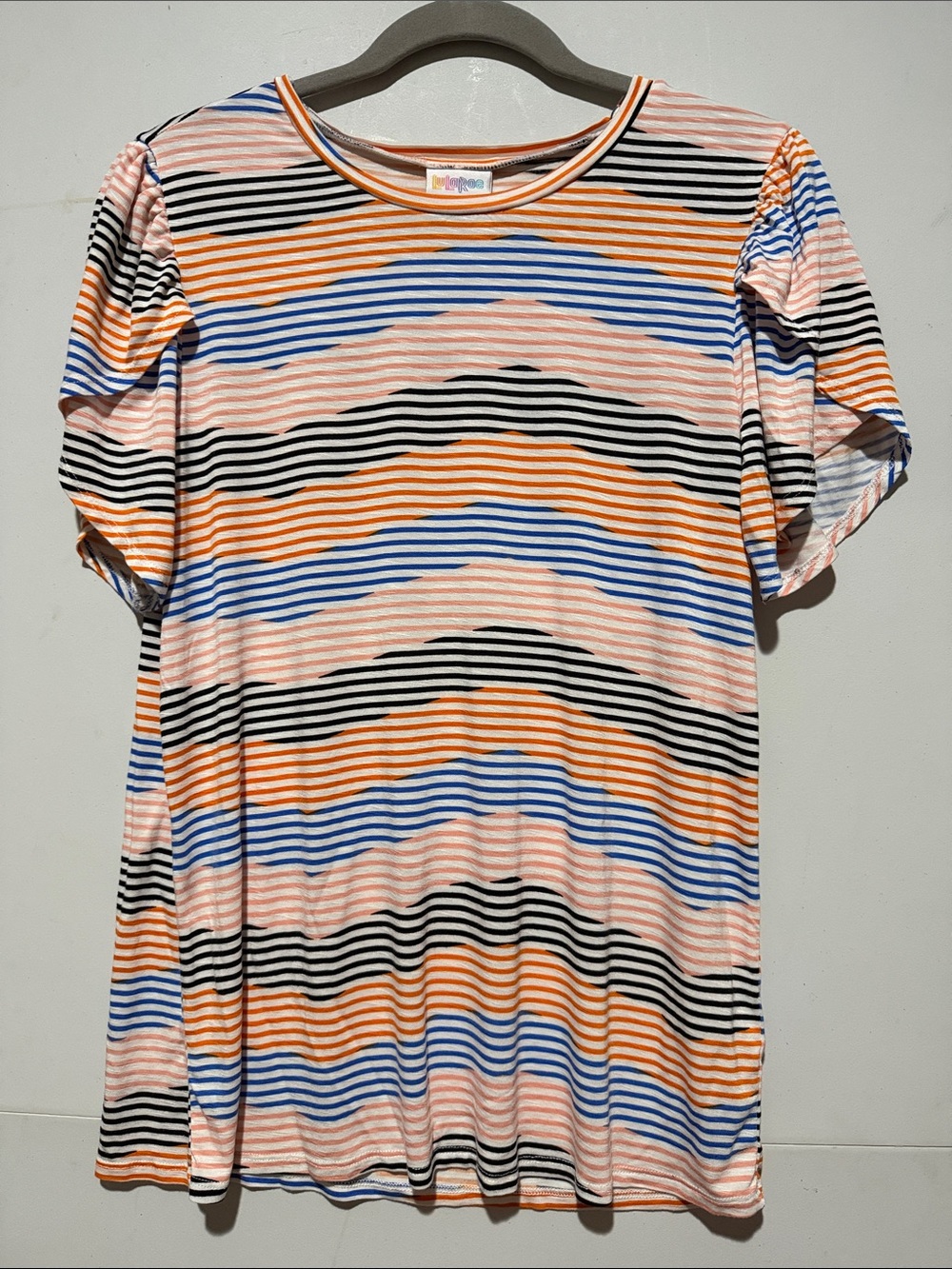 LuLaRoe OLIVE tulip sleeve Striped Tee in Peach, Blue & Black